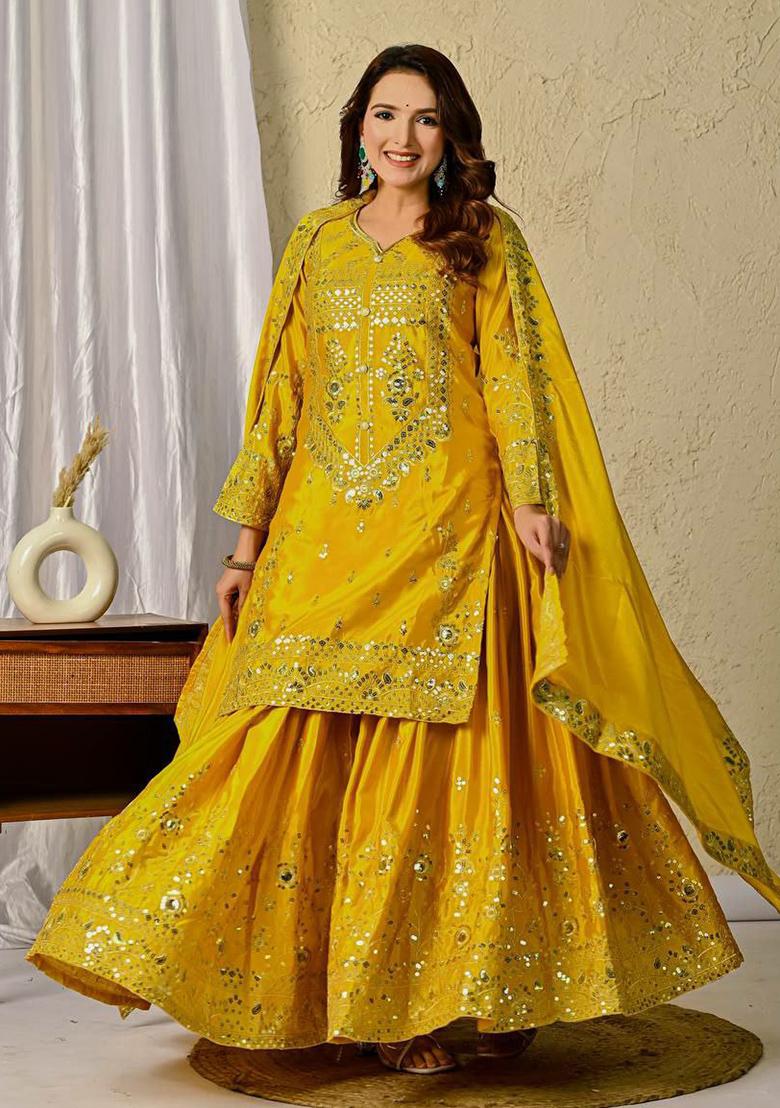 Yellow Embroidery Blended Kurta Set - Indya