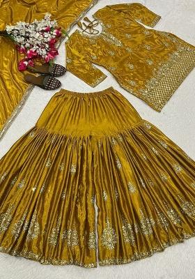 Yellow Embroidery Blended Kurta Set