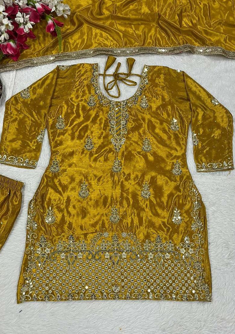 Yellow Embroidery Blended Kurta Set - Indya