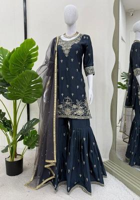 Blue Embroidery Blended Kurta Set