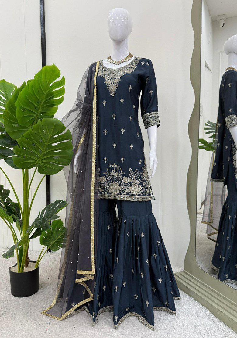 Blue Embroidery Blended Kurta Set - Indya