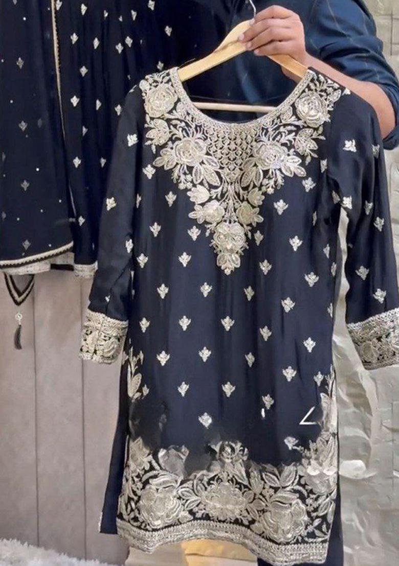 Blue Embroidery Blended Kurta Set - Indya