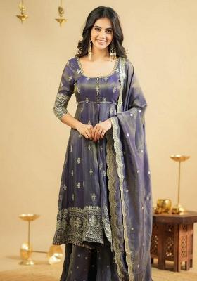 Purple Embroidery Blended Kurta Set