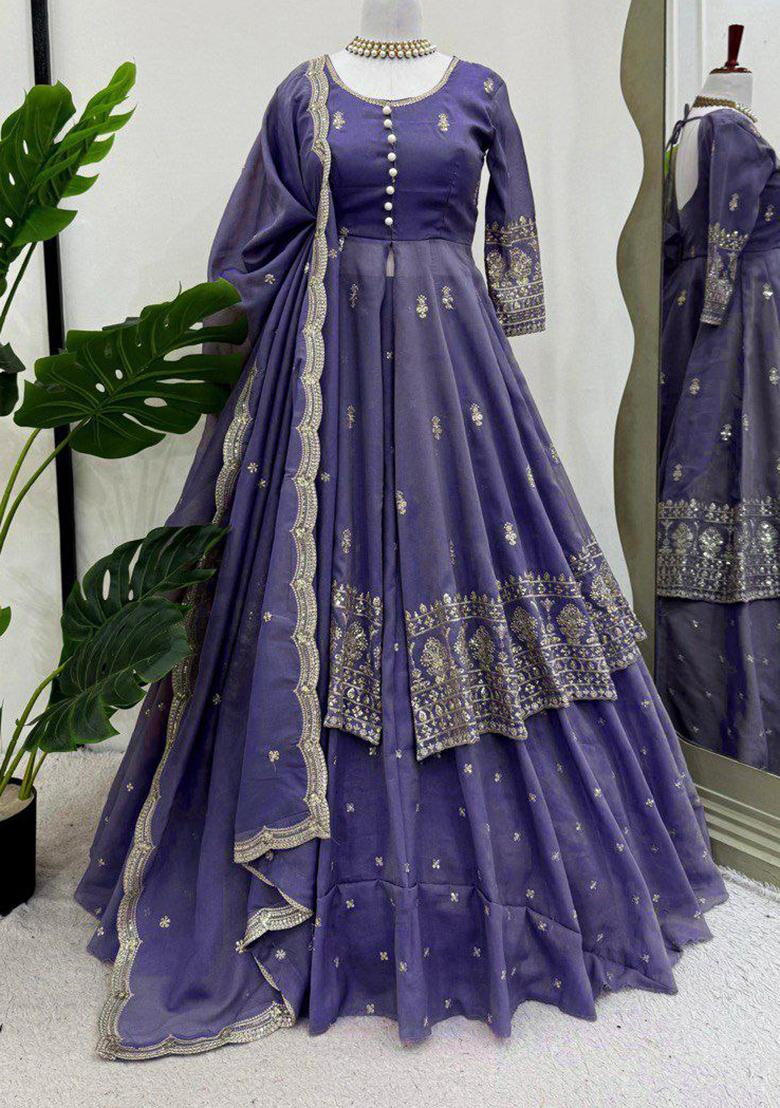 Purple Embroidery Blended Kurta Set - Indya