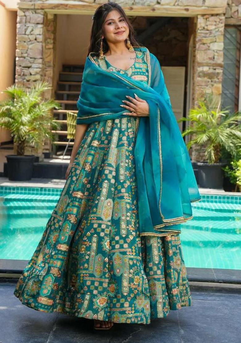 Green Printed Blended Kurta Set - Indya