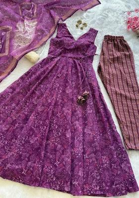 Purple Printed Blended Kurta Set