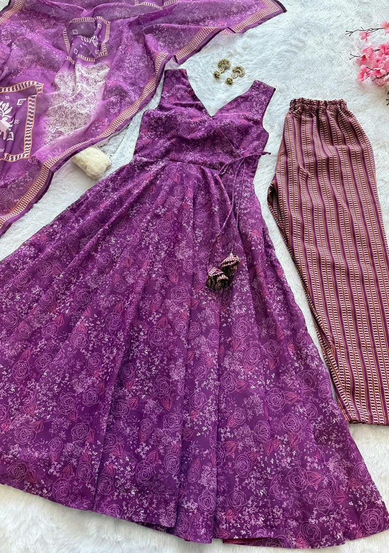 Purple Printed Blended Kurta Set - Indya