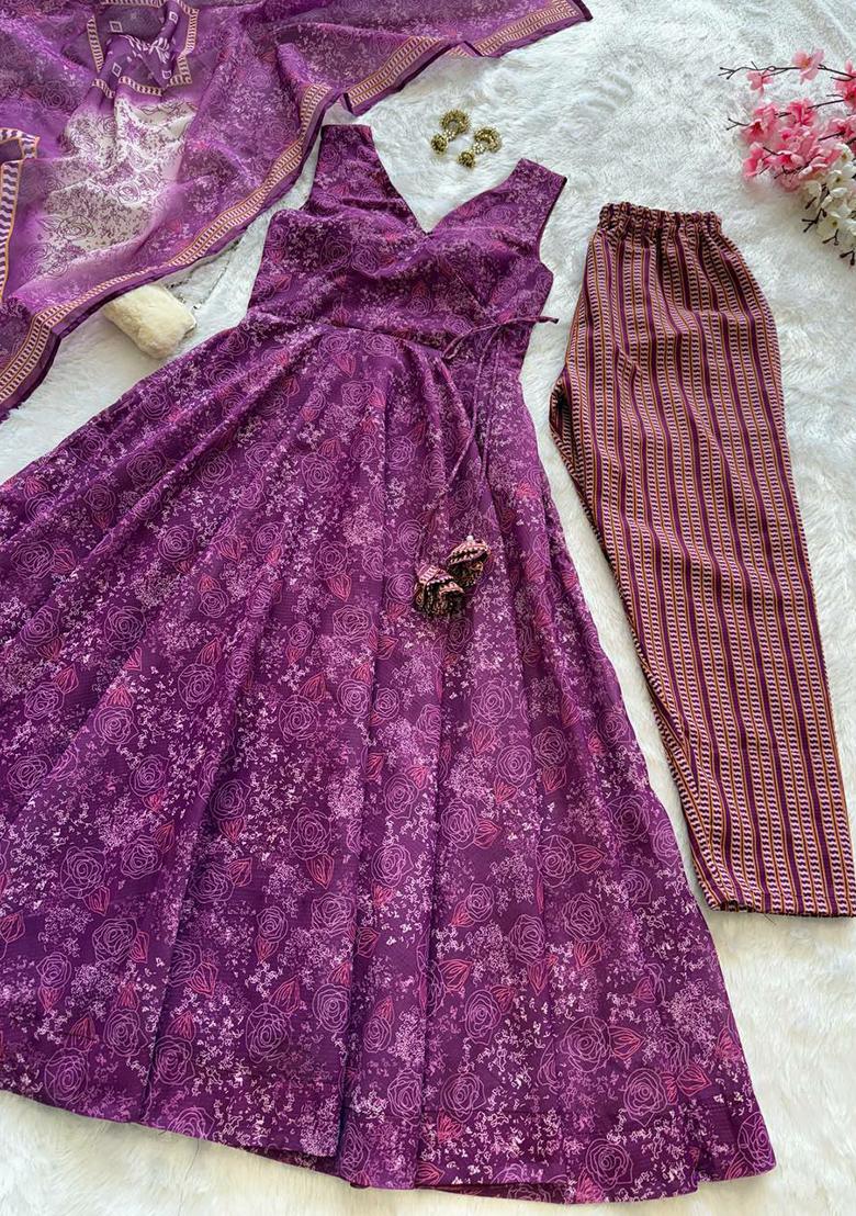Purple Printed Blended Kurta Set - Indya