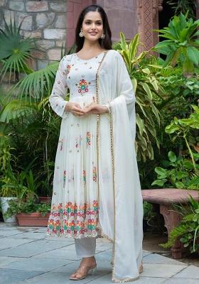White Embroidery Blended Kurta Set