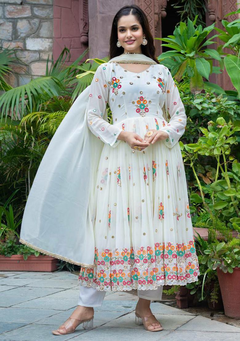 White Embroidery Blended Kurta Set - Indya