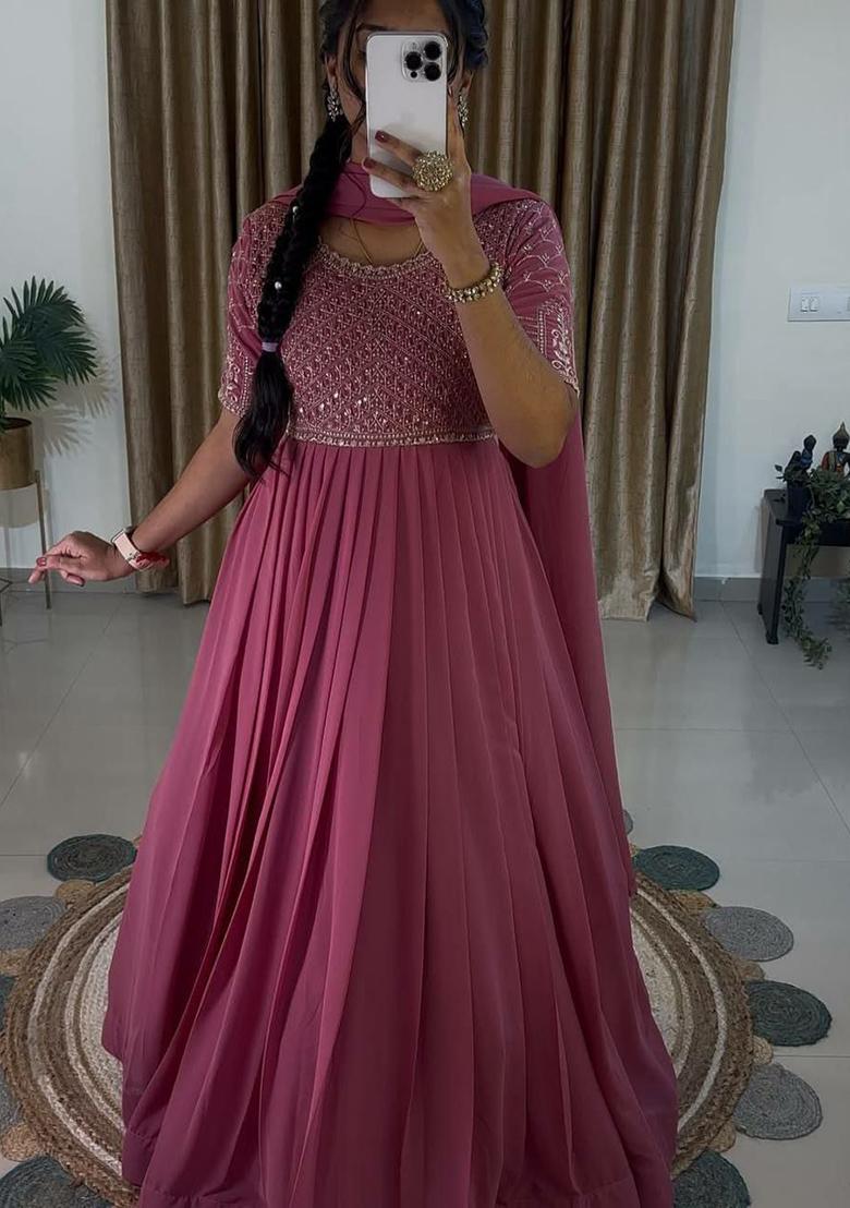 Pink Embroidery Blended Kurta Set - Indya