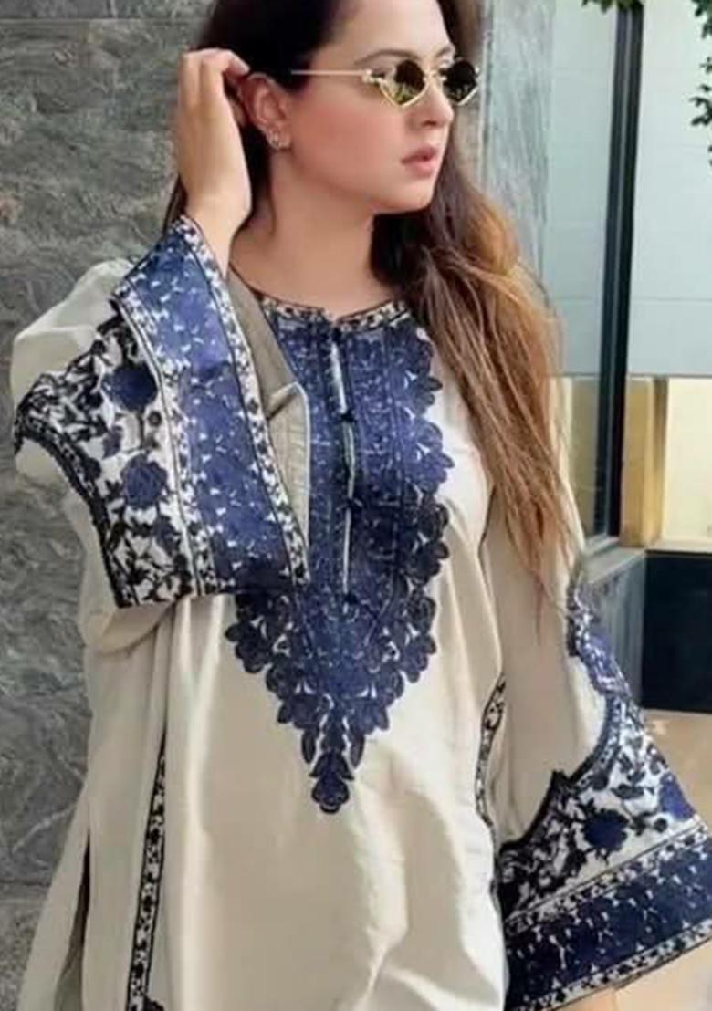 Cream Embroidery Blended Kurta Set - Indya