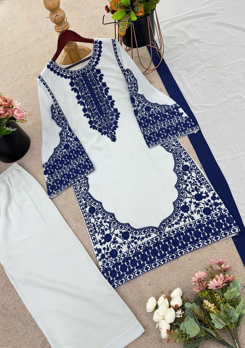 Cream Embroidery Blended Kurta Set - Indya