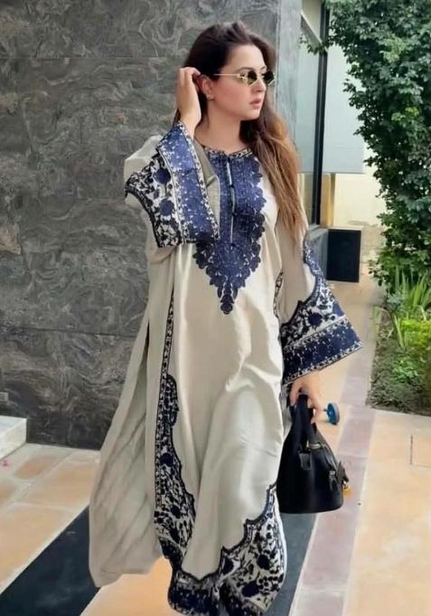 Cream Embroidery Blended Kurta Set