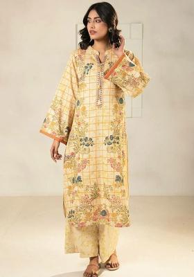 Cream Printed Blended Kurta Set