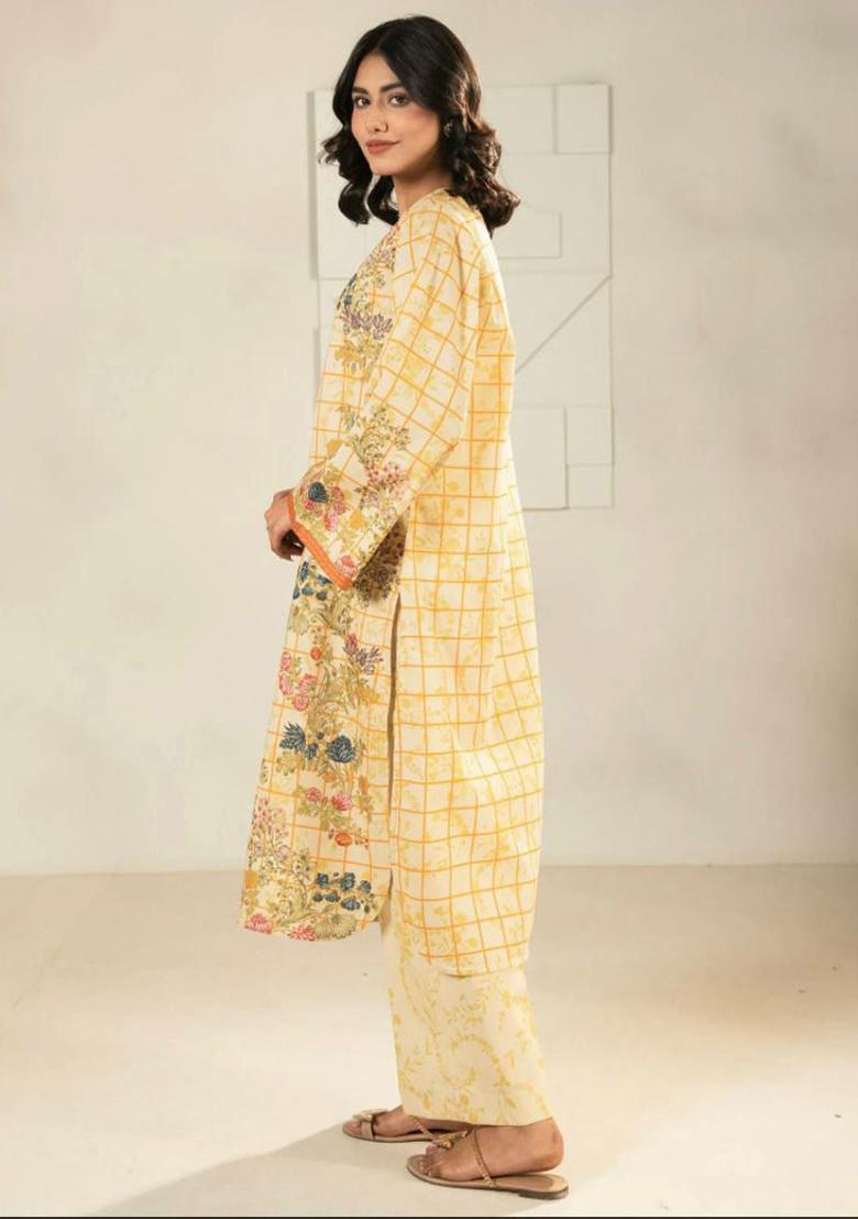 Cream Printed Blended Kurta Set - Indya