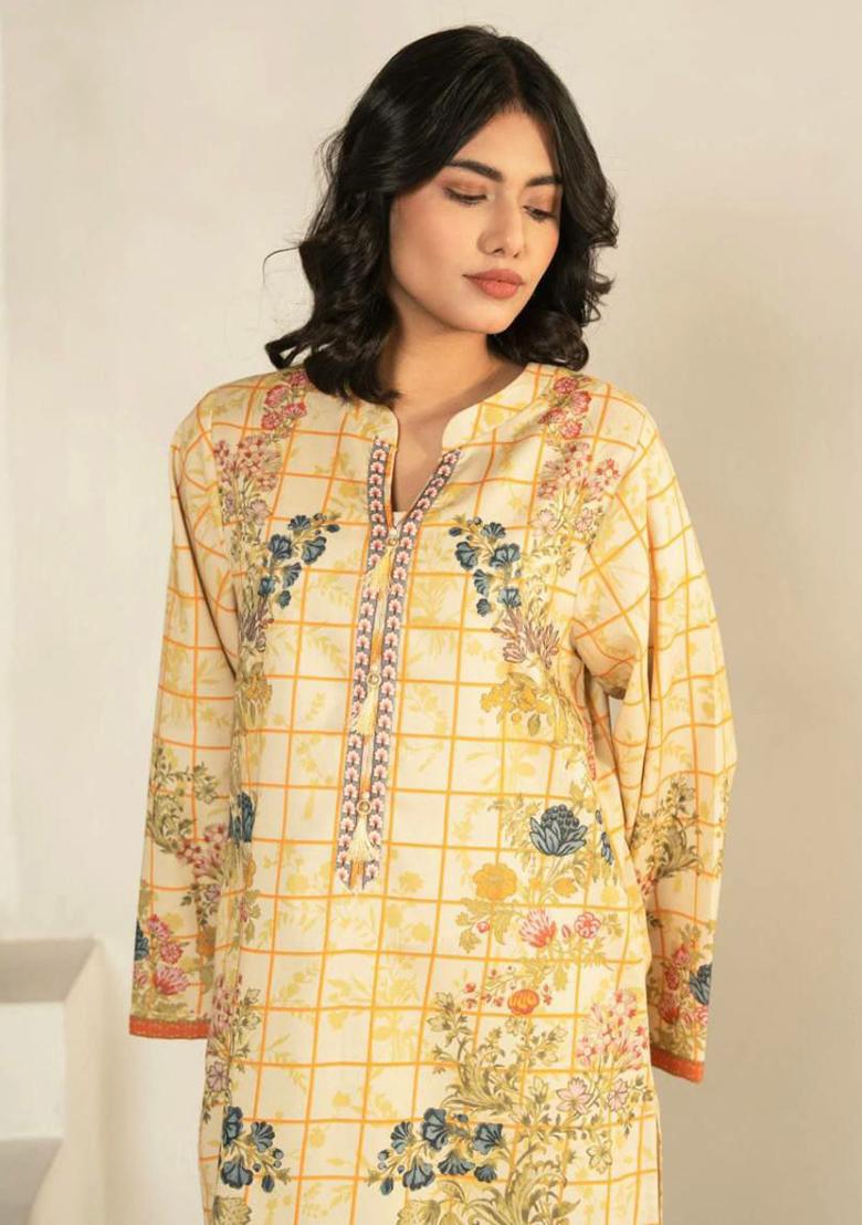 Cream Printed Blended Kurta Set - Indya