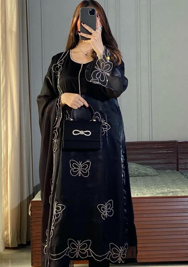 Black Solid Blended Kurta Set - Indya