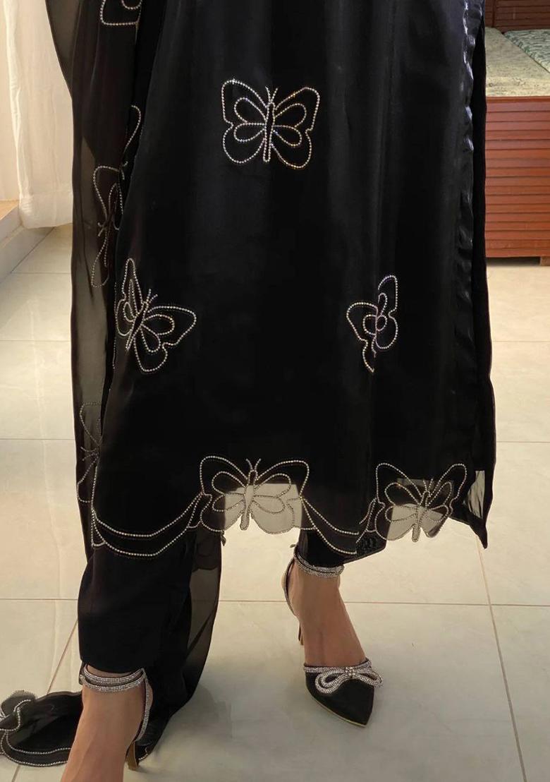 Black Solid Blended Kurta Set - Indya