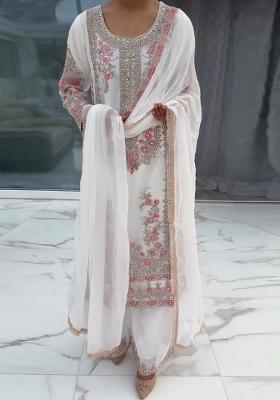 White Embroidery Blended Kurta Set