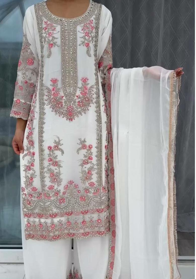 White Embroidery Blended Kurta Set - Indya