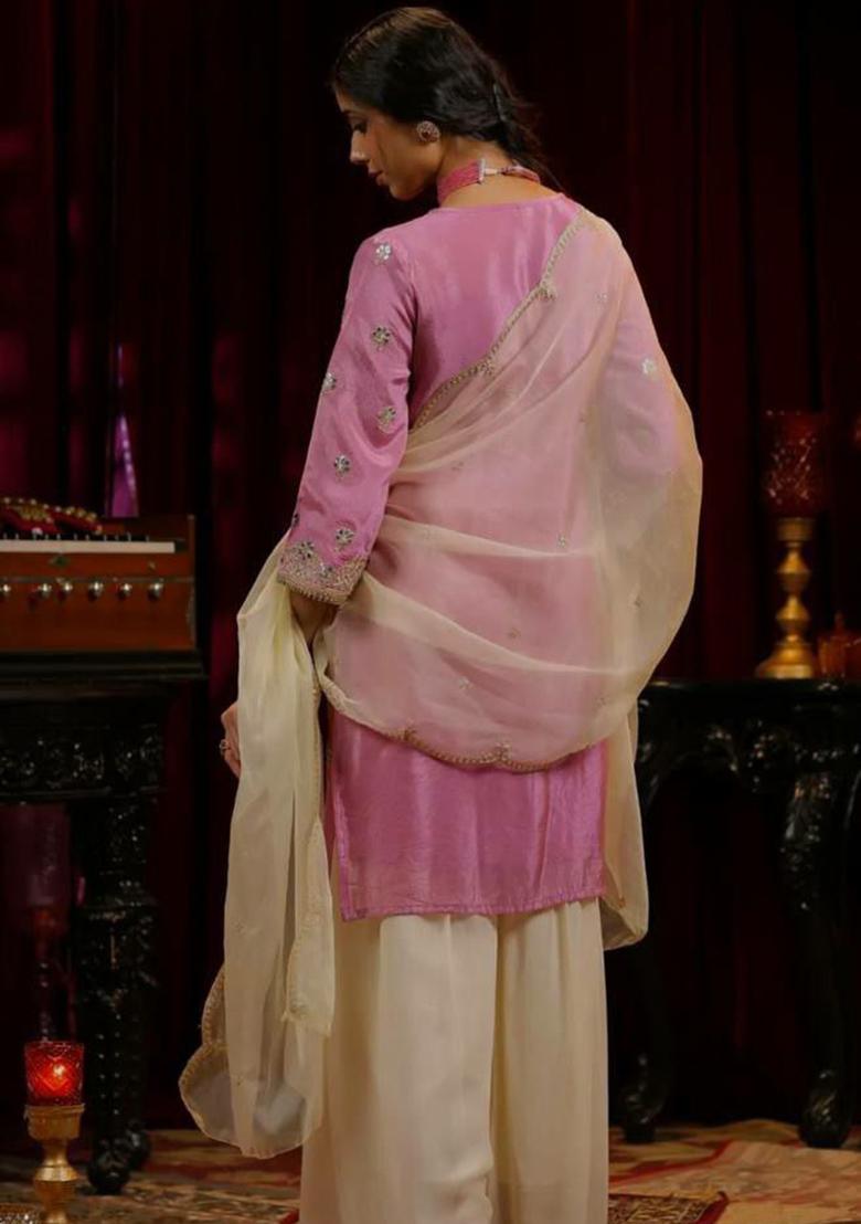 Pink Embroidery Blended Kurta Set - Indya