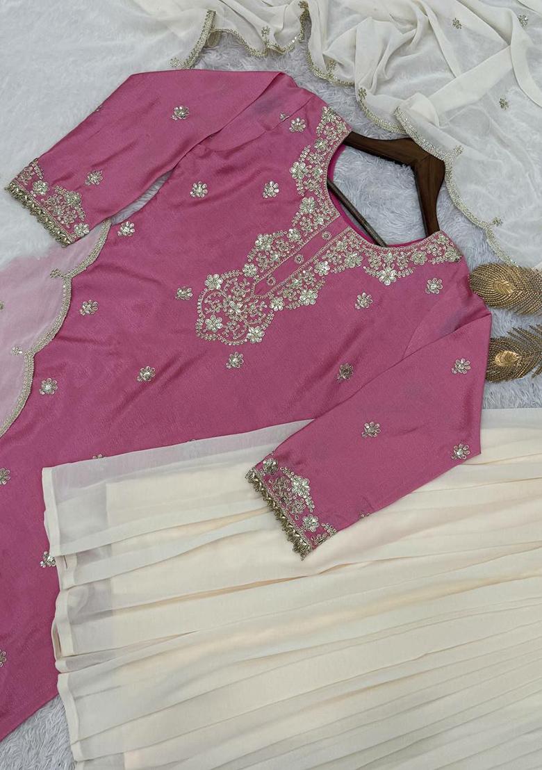 Pink Embroidery Blended Kurta Set - Indya