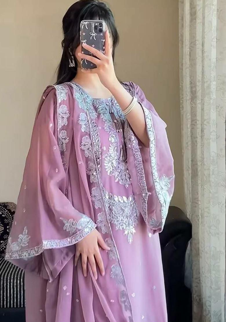 Pink Embroidery Blended Kurta Set - Indya