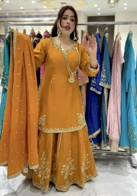 Yellow Embroidery Blended Kurta Set