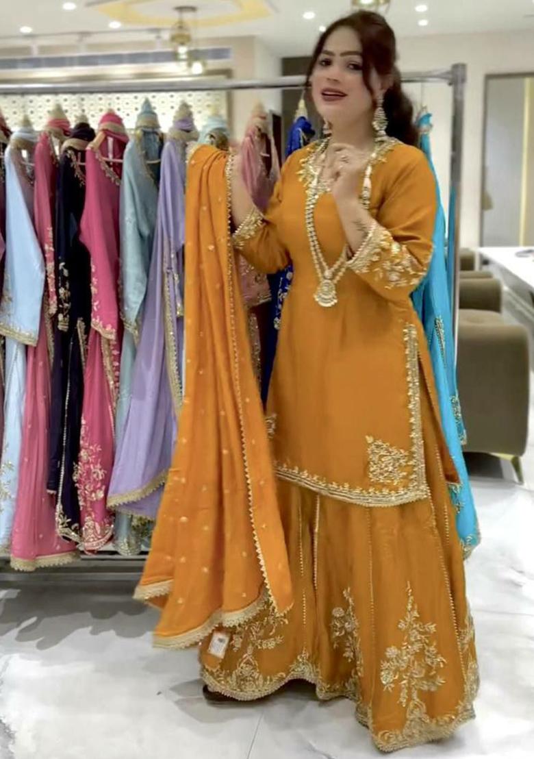 Yellow Embroidery Blended Kurta Set - Indya