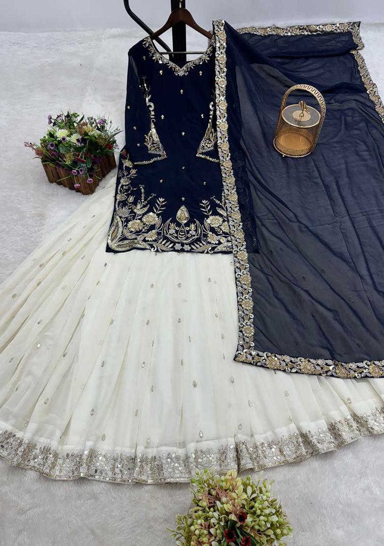 Blue Embroidery Blended Kurta Set - Indya