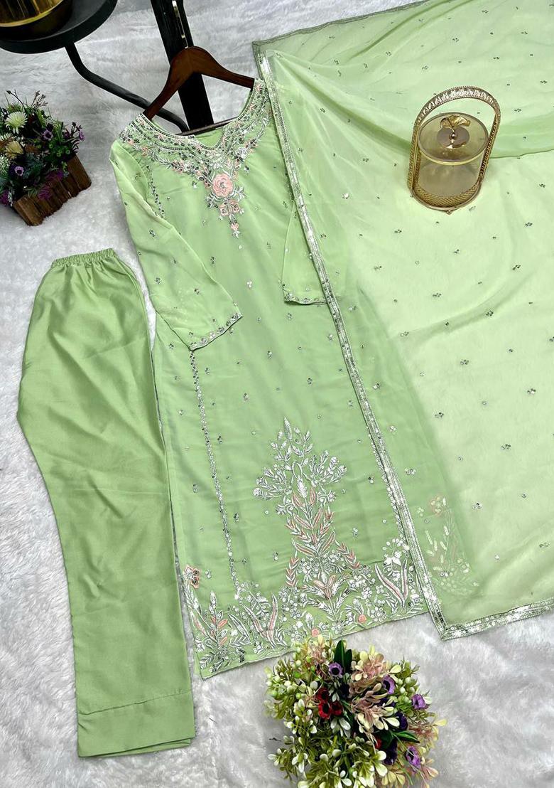 Green Embroidery Blended Kurta Set - Indya