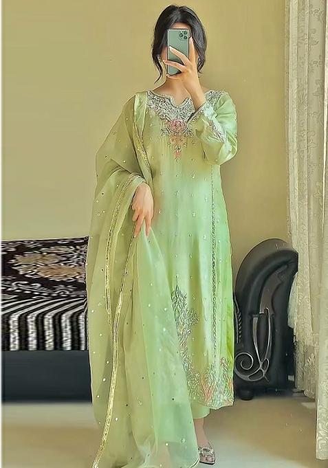 Green Embroidery Blended Kurta Set
