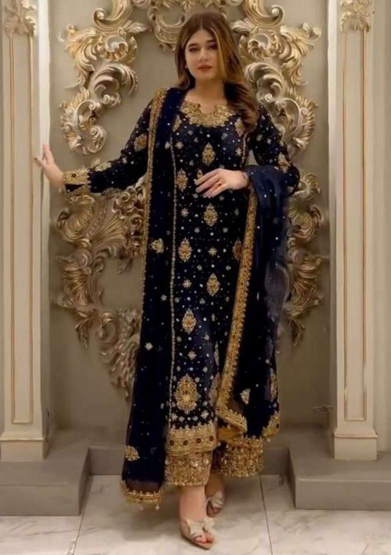 Blue Embroidered Blended Pakistani Suit Set - Indya