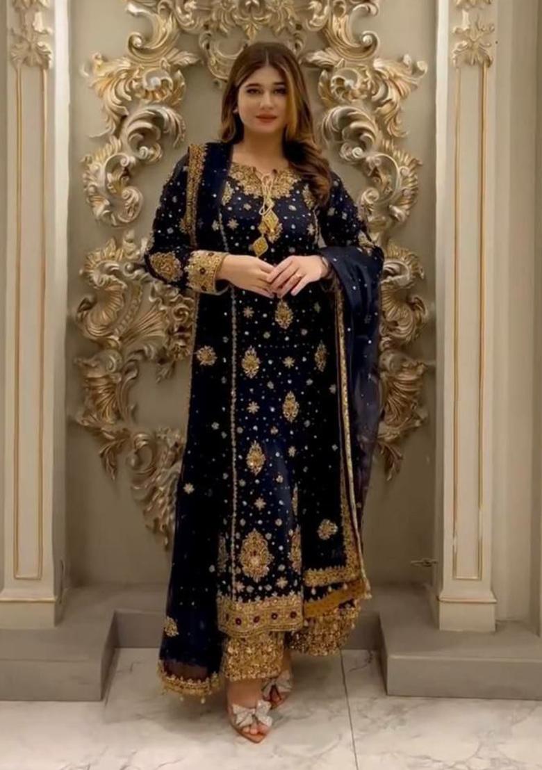 Blue Embroidery Blended Kurta Set - Indya