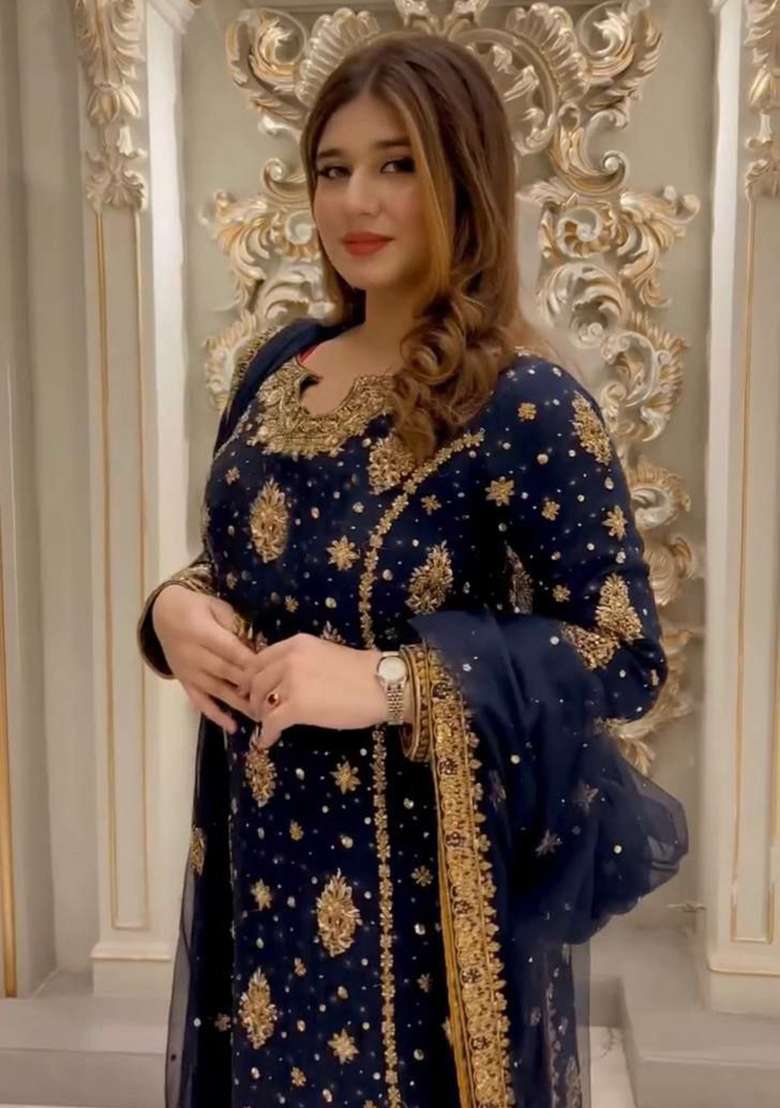 Blue Embroidered Blended Pakistani Suit Set - Indya