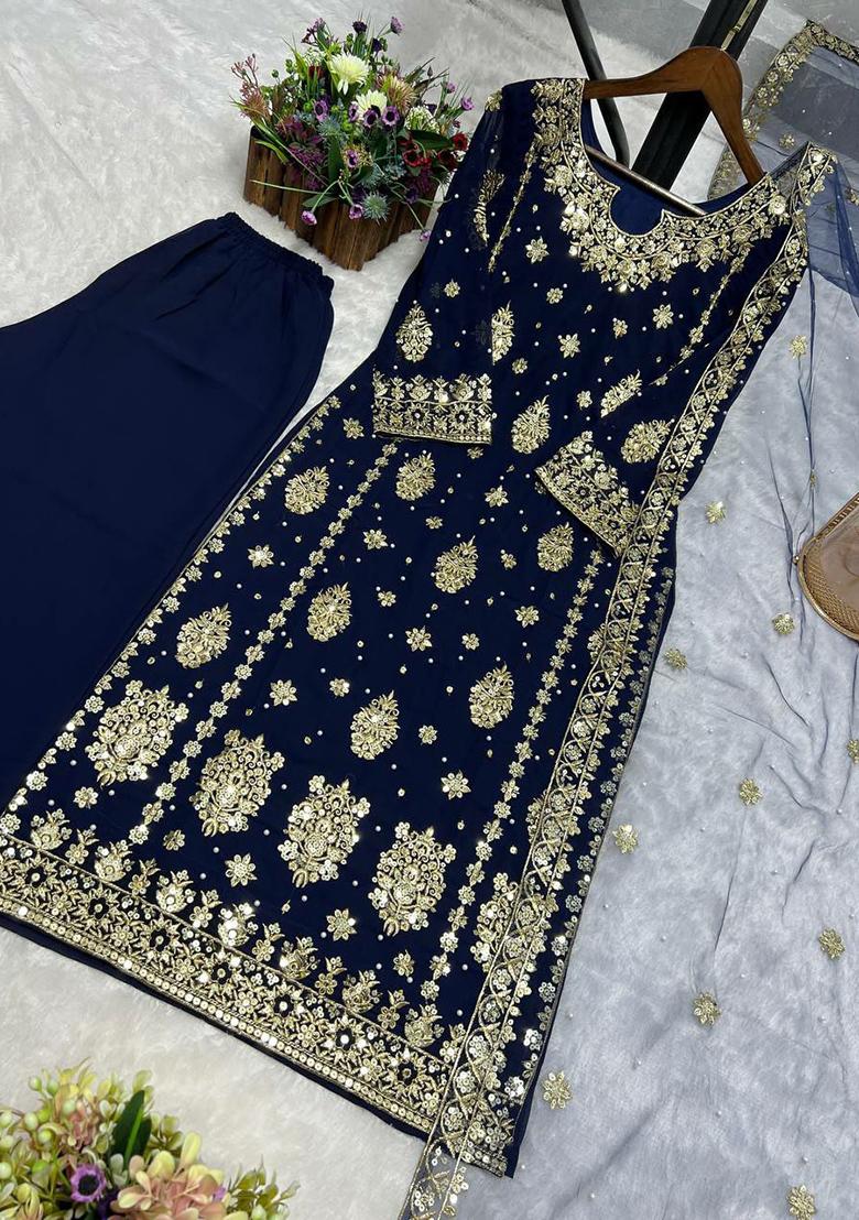 Blue Embroidery Blended Kurta Set - Indya
