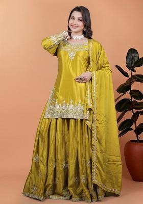 Yellow Embroidery Blended Kurta Set