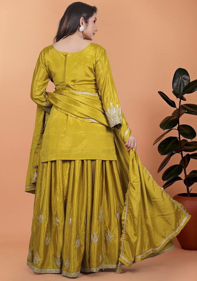 Yellow Embroidery Blended Kurta Set - Indya