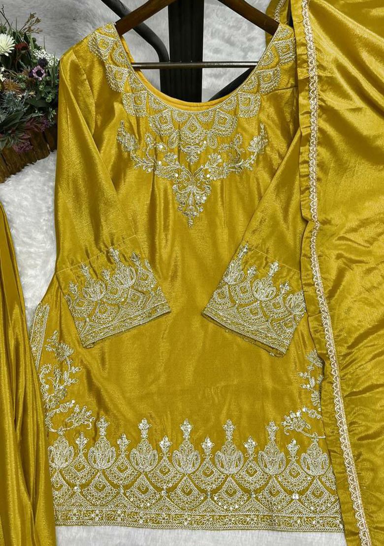 Yellow Embroidery Blended Kurta Set - Indya