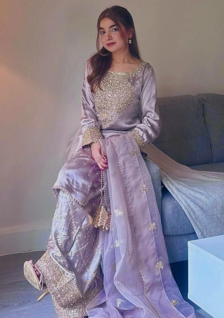 Lavender Embroidery Blended Kurta Set - Indya