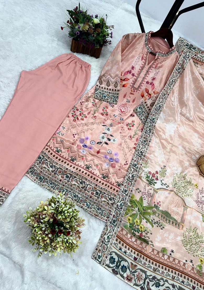 Pink Printed Blended Kurta Set - Indya