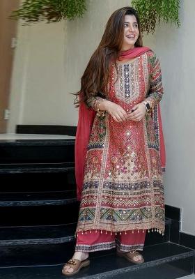 Pink Printed Blended Kurta Set