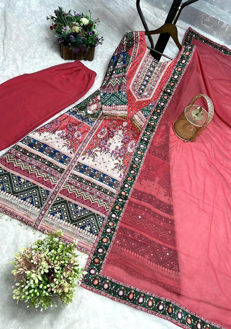 Pink Printed Blended Kurta Set - Indya
