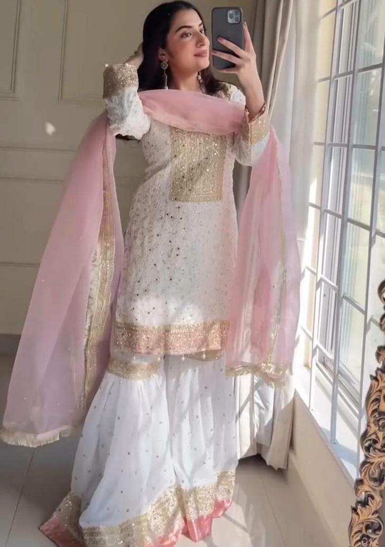 White Embroidery Blended Kurta Set - Indya