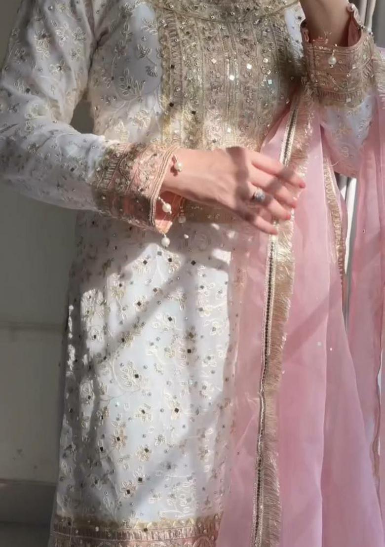 White Embroidery Blended Kurta Set - Indya