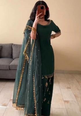 Green Solid Blended Kurta Set