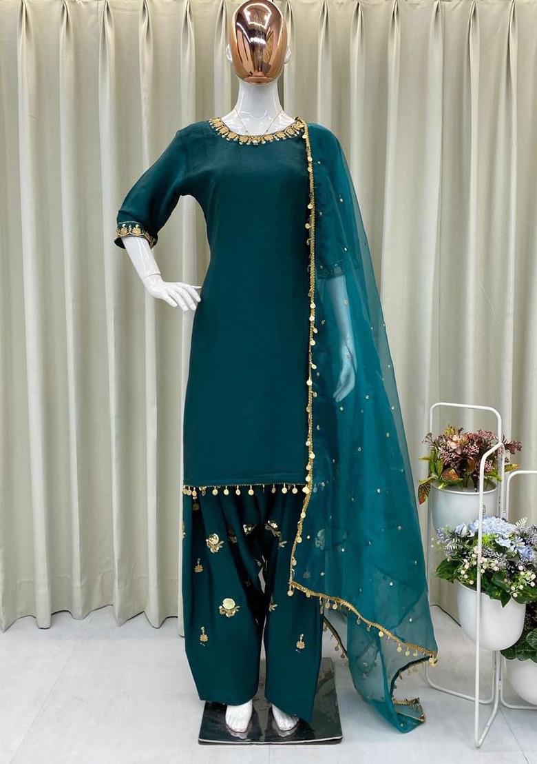 Green Solid Blended Kurta Set - Indya