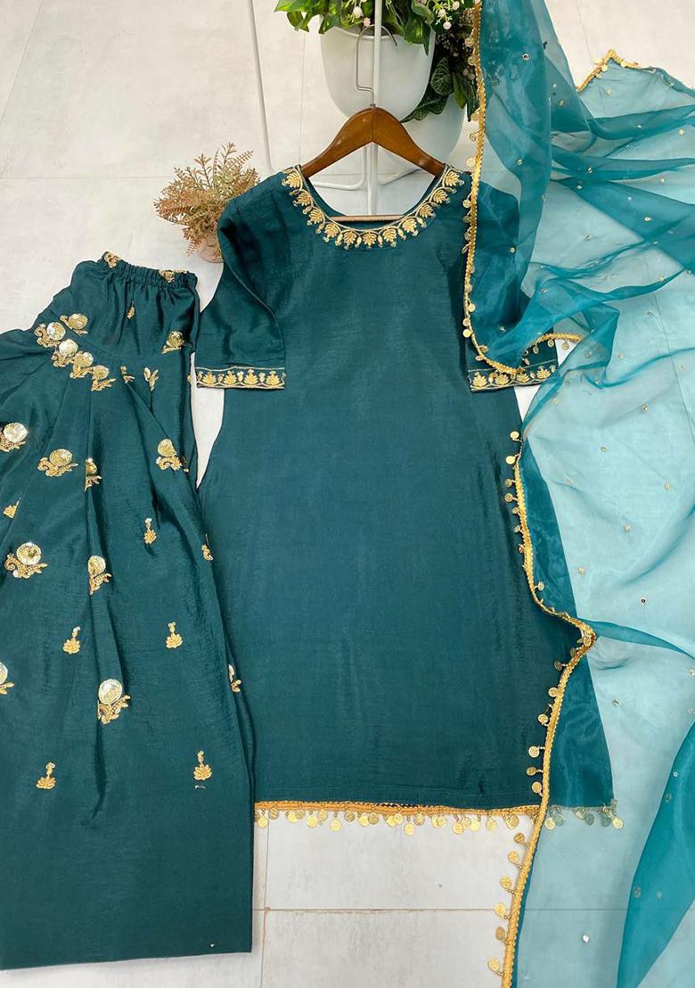 Green Solid Blended Kurta Set - Indya