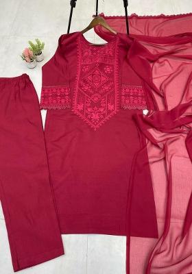 Red Embroidery Blended Kurta Set